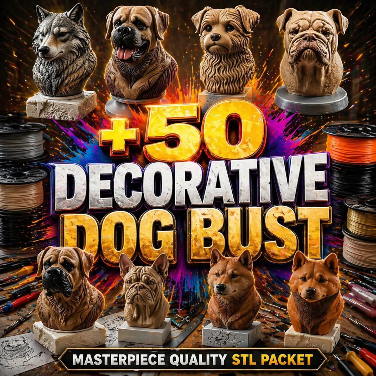 50 Decorative Dog Bust STL Files | 3D Printable Pet Sculpture Models