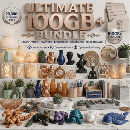 Mega 3D Print Files STL Complete Bundle - 100GB+ Home Decor Models, Vases, Planters, Flexi Animals