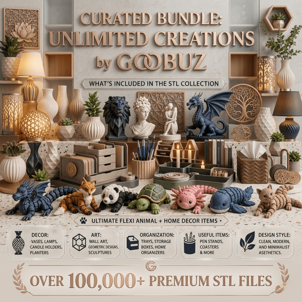 Mega 3D Print Files STL Complete Bundle - 100GB+ Home Decor Models, Vases, Planters, Flexi Animals