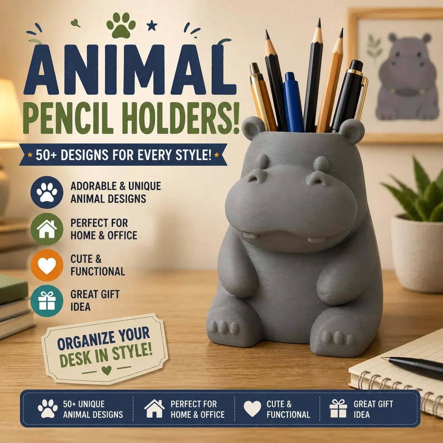 50+ Cute Animal Pencil Holder STLs – 3D Printable Desk Organizer Bundle