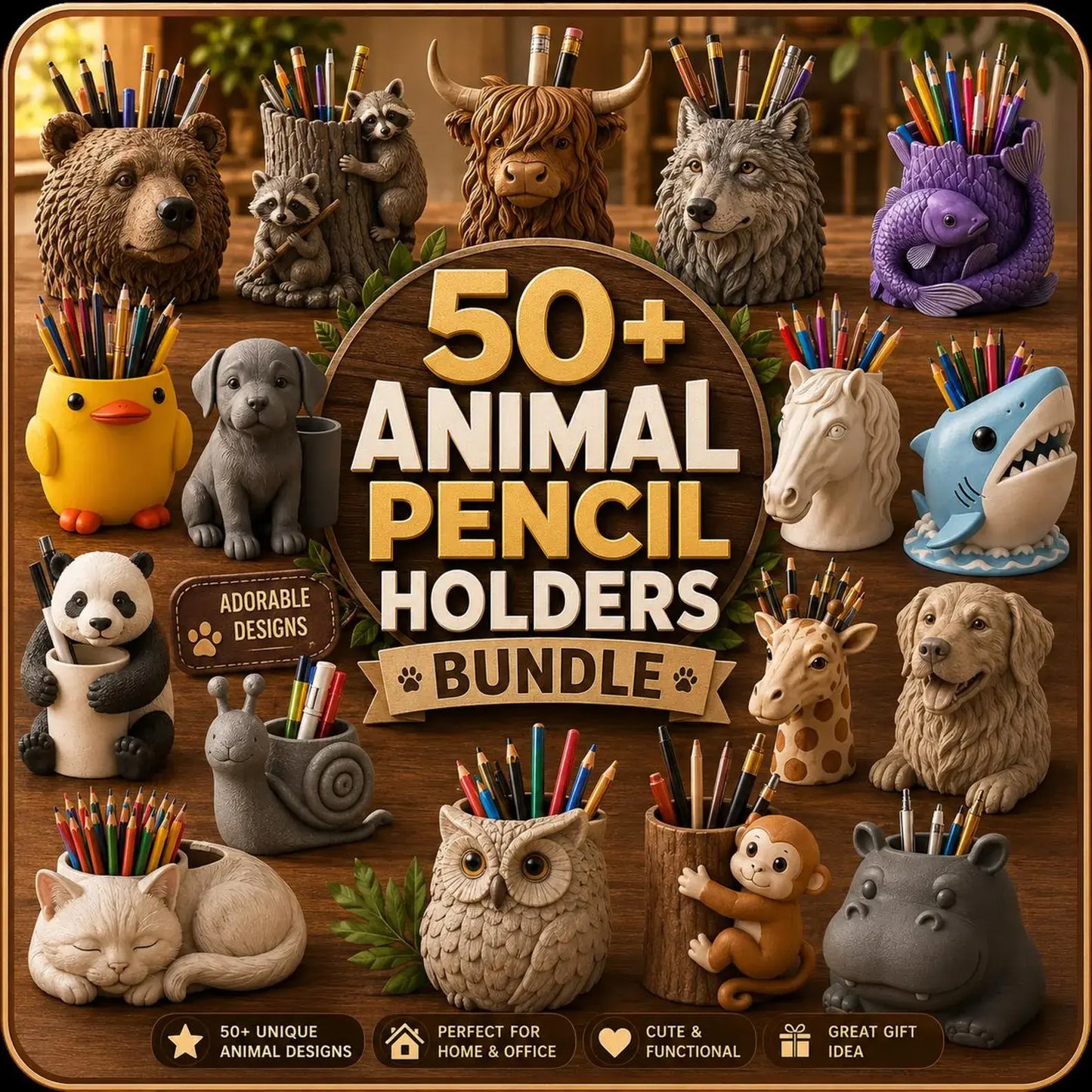 50+ Cute Animal Pencil Holder STLs – 3D Printable Desk Organizer Bundle