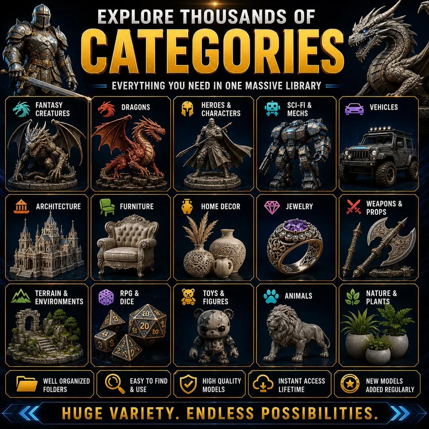 500TB STL Mega Bundle 1,000,000+ Premium STL Files Commercial Use 3D Print Files Instant Download Miniatures, Dragons, Vehicles Decor & More