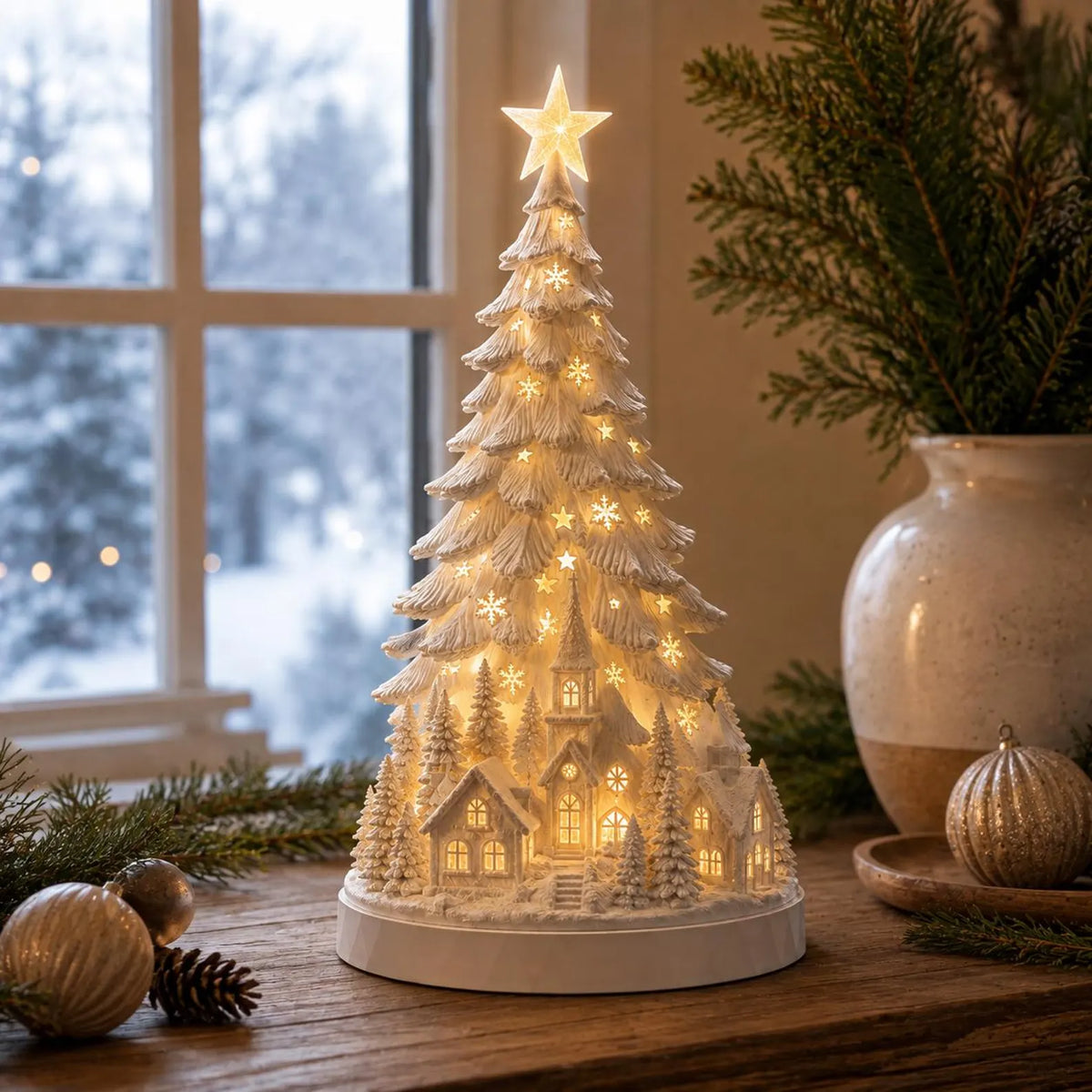 Christmas Village Tree Lamp, 3D Printable LED Winter Lantern (Digital Download)