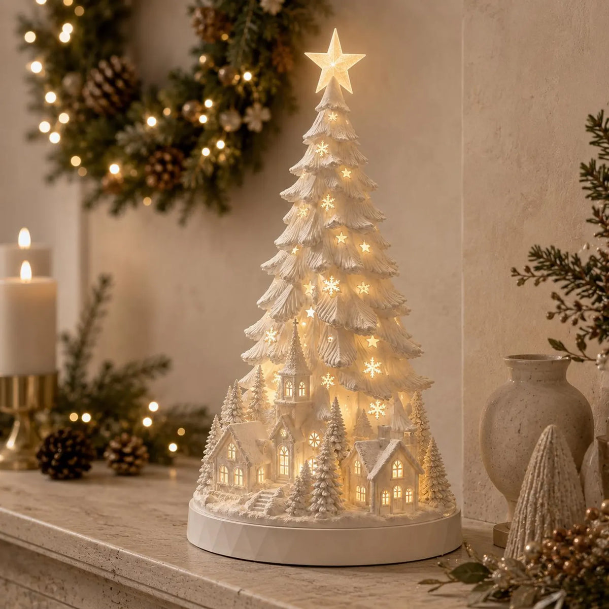 Christmas Village Tree Lamp, 3D Printable LED Winter Lantern (Digital Download)