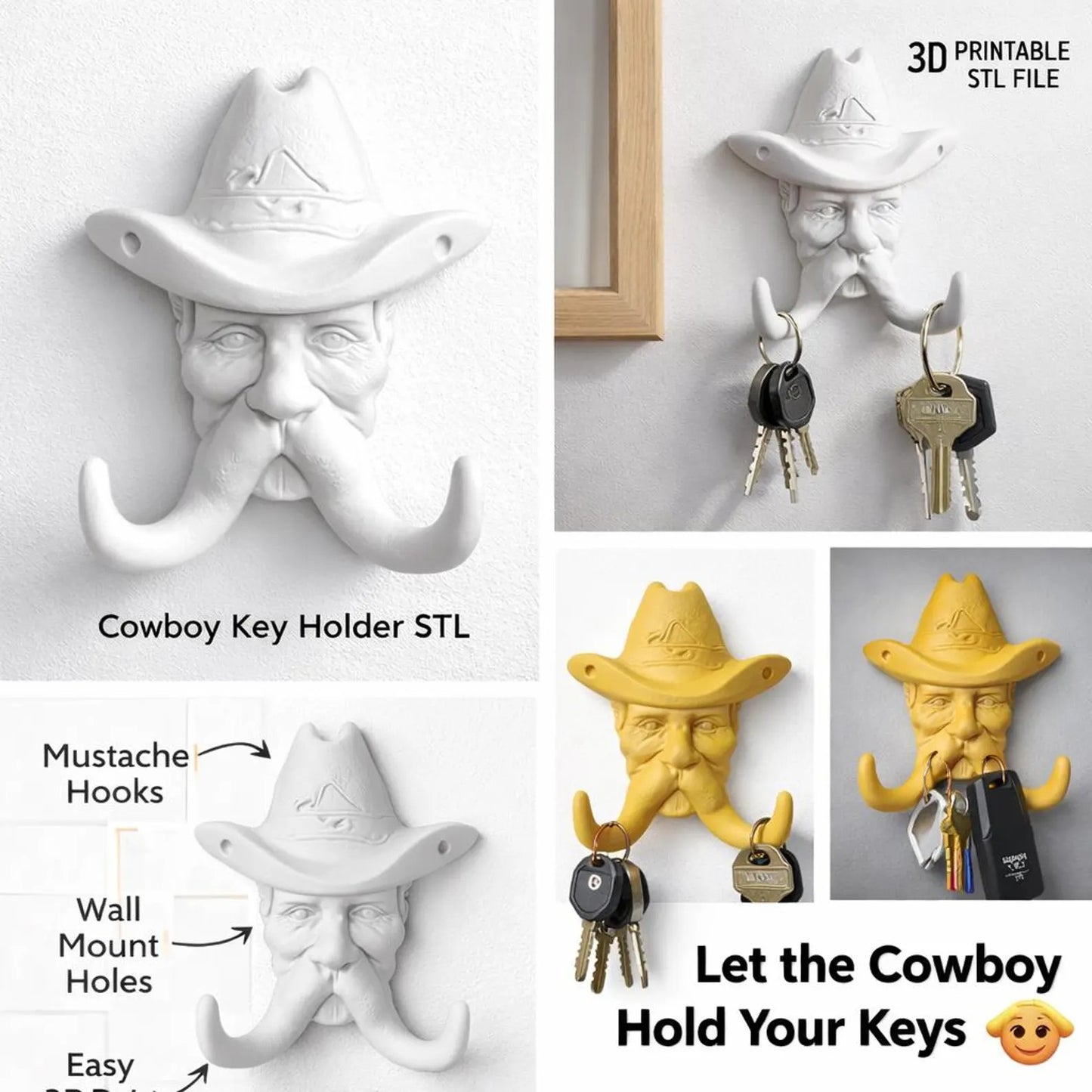 Cow-boy Mustache Key Holder Vintage Wall Hooks STL